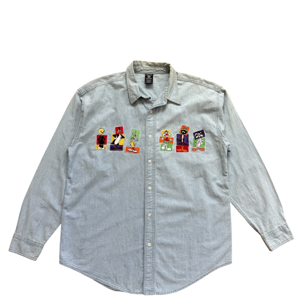 Vintage Warner Bros Studio Store Looney Tunes Embroidered Denim Shirt Men L Blue